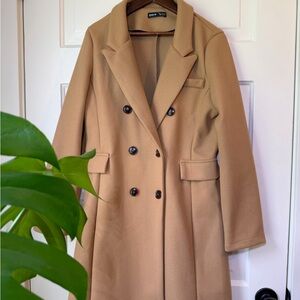 SHEIN Tan Double-Breasted Wool-Blend Trench Coat